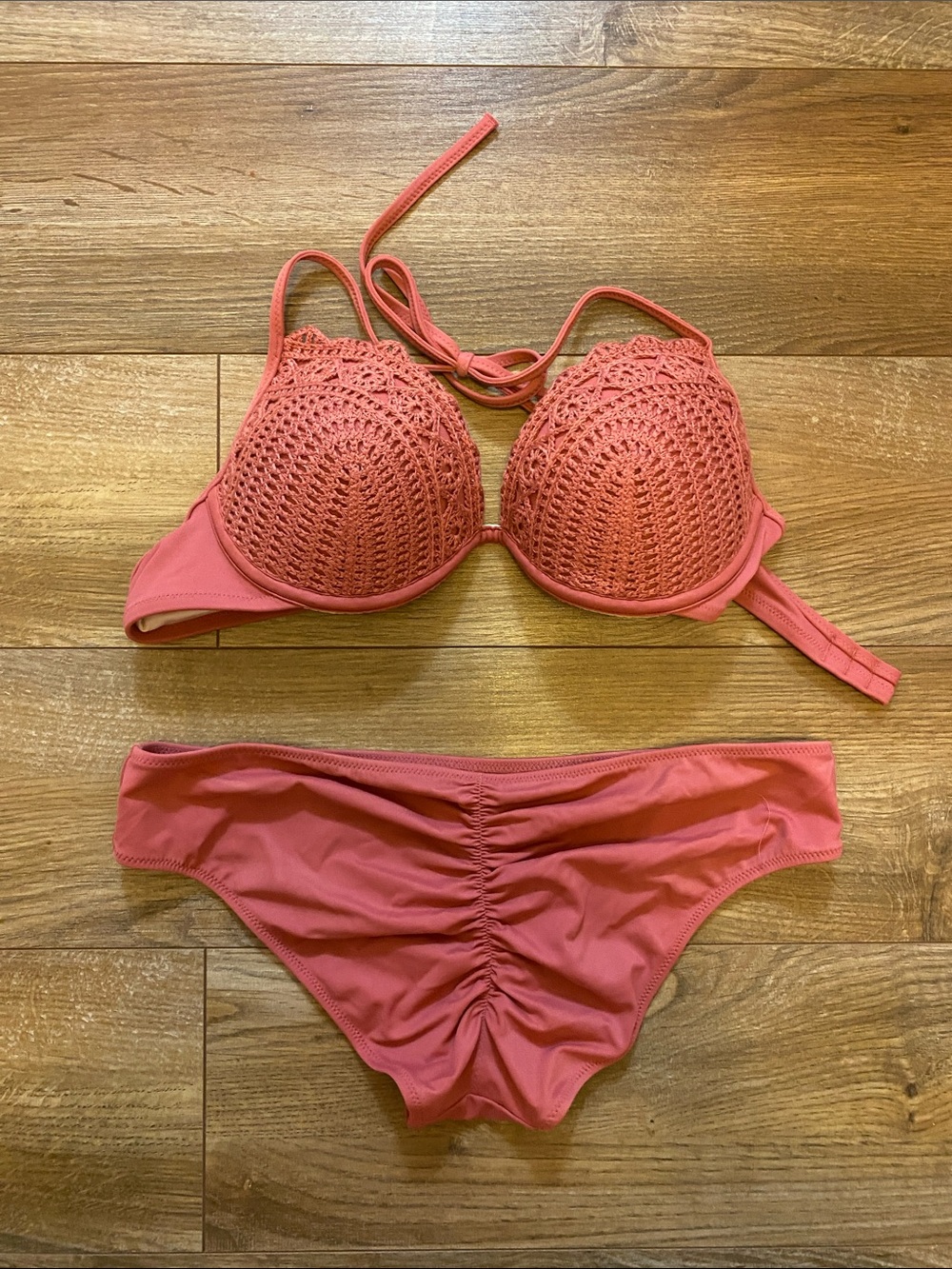 Coral Crochet Push-Up Bikini Set